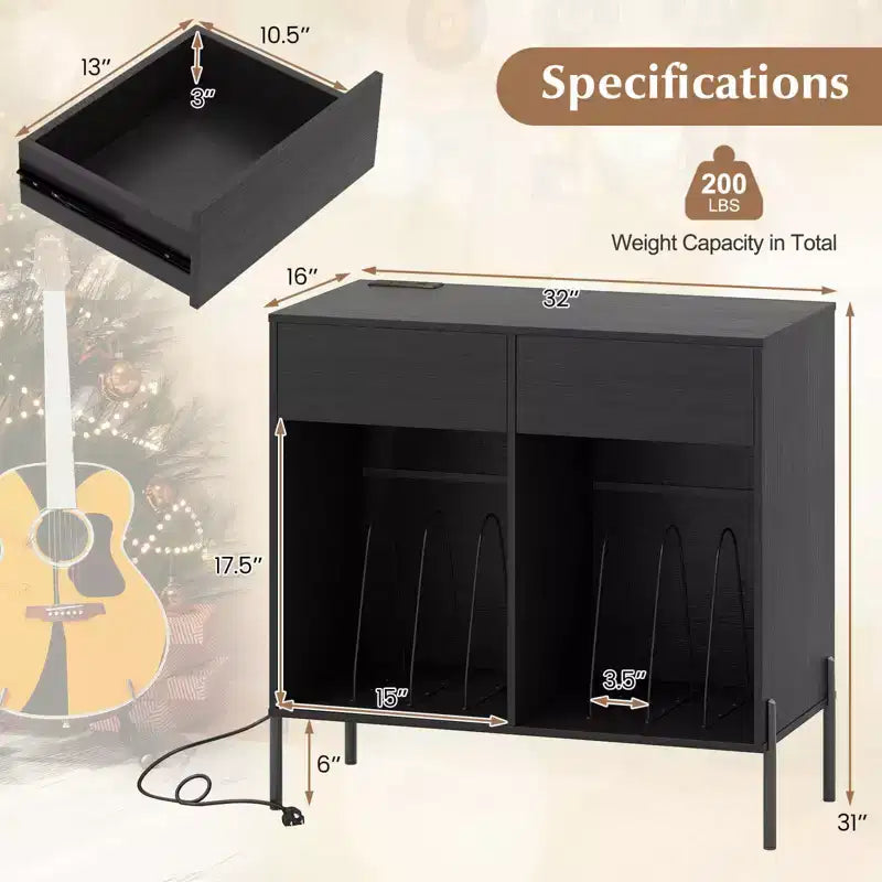 Meuble pour platine vinyle grande taille Costway avec station de charge, compartiments de rangement et 2 tiroirs Blanc/Noir