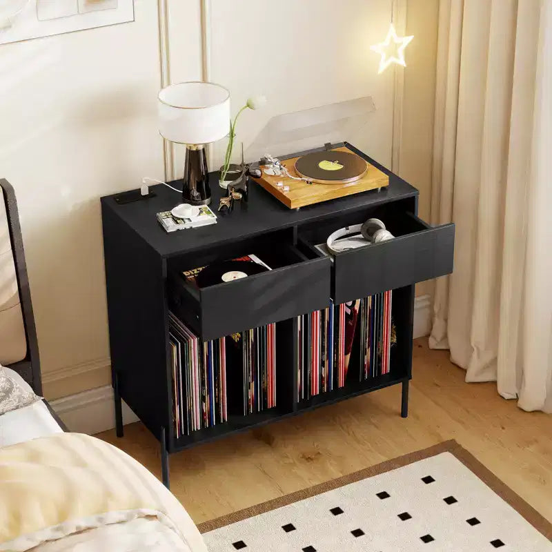 Meuble pour platine vinyle grande taille Costway avec station de charge, compartiments de rangement et 2 tiroirs Blanc/Noir