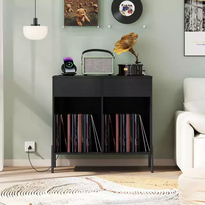Meuble pour platine vinyle grande taille Costway avec station de charge, compartiments de rangement et 2 tiroirs Blanc/Noir