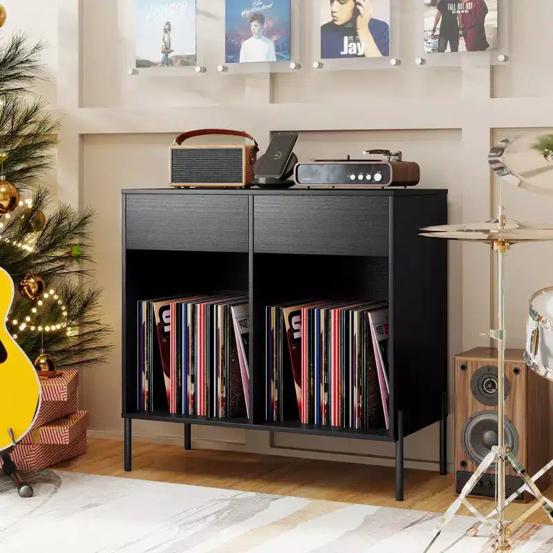 Meuble pour platine vinyle grande taille Costway avec station de charge, compartiments de rangement et 2 tiroirs Blanc/Noir