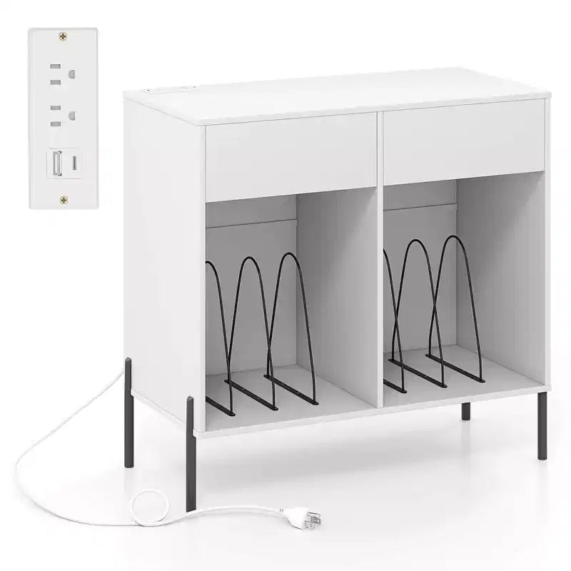 Meuble pour platine vinyle grande taille Costway avec station de charge, compartiments de rangement et 2 tiroirs Blanc/Noir