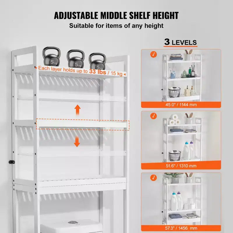 Étagère de Rangement pour Toilettes VEVOR, Organisateur de Salle de Bain 3 Niveaux Réglable, Étagère en Bambou avec 3 Crochets, Convient à la Plupart des Toilettes, Blanc