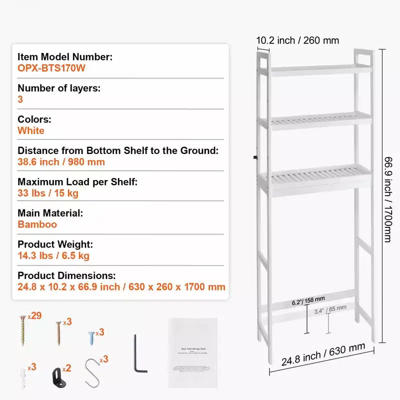 Étagère de Rangement pour Toilettes VEVOR, Organisateur de Salle de Bain 3 Niveaux Réglable, Étagère en Bambou avec 3 Crochets, Convient à la Plupart des Toilettes, Blanc