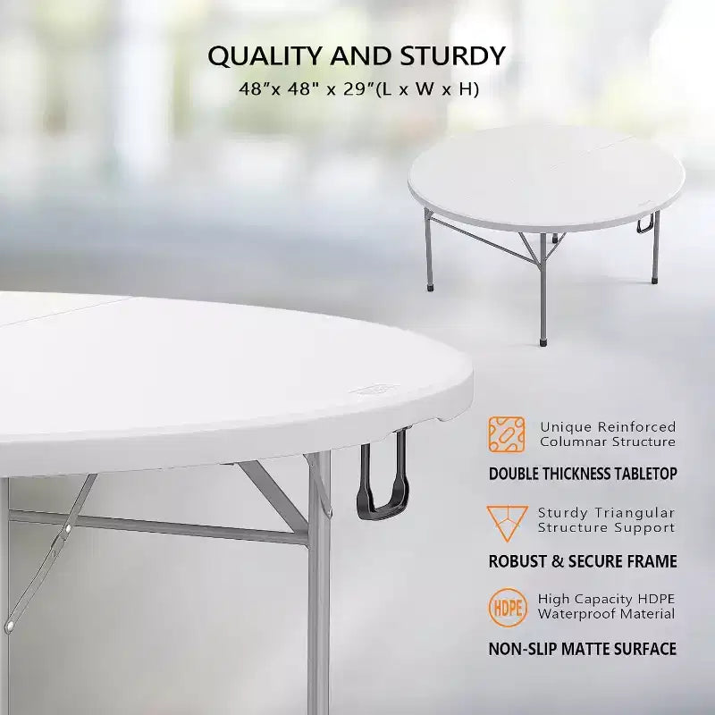 VINGLI Table commerciale pliante ronde de 48 pouces, table à manger portable en plastique pour les fêtes en plein air, les restaurants, les cafés et les événements commerciaux, blanc