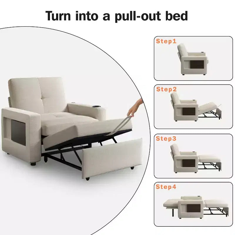 Fauteuil convertible 3 en 1 Dyonery, largeur 42,5 po, avec lit escamotable, ports de chargement USB, table d'appoint et porte-gobelet