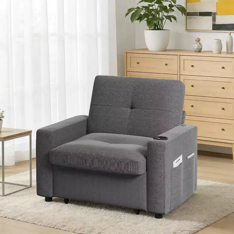Fauteuil convertible 3 en 1 Dyonery, largeur 42,5 po, avec lit escamotable, ports de chargement USB, table d'appoint et porte-gobelet