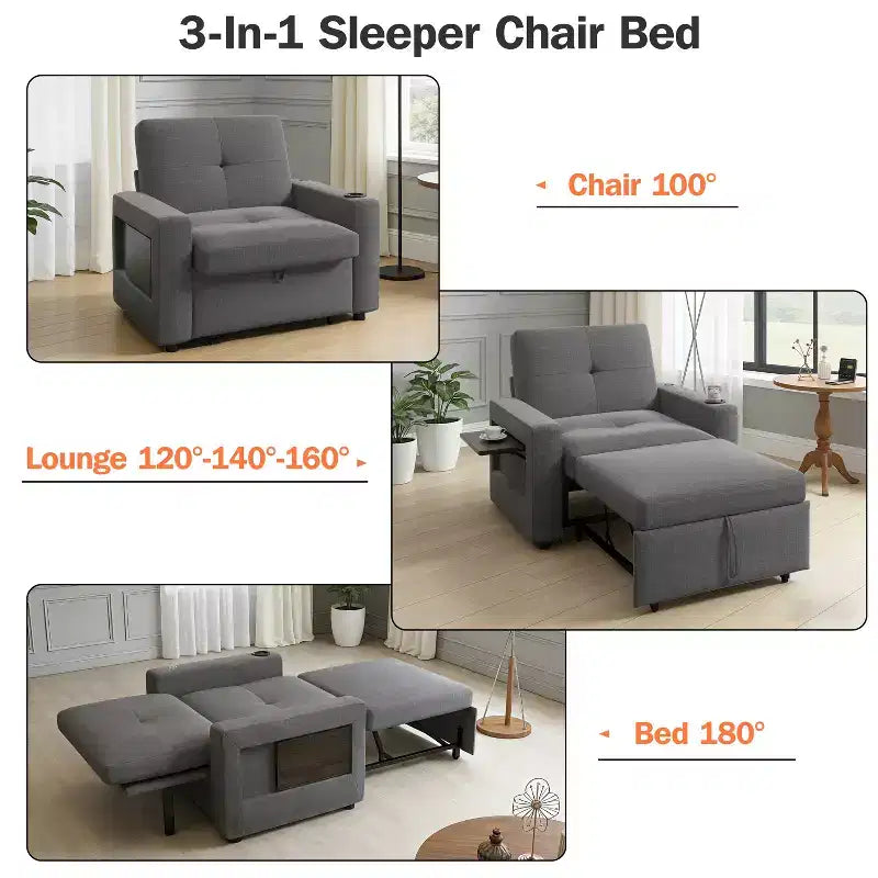 Fauteuil convertible 3 en 1 Dyonery, largeur 42,5 po, avec lit escamotable, ports de chargement USB, table d'appoint et porte-gobelet