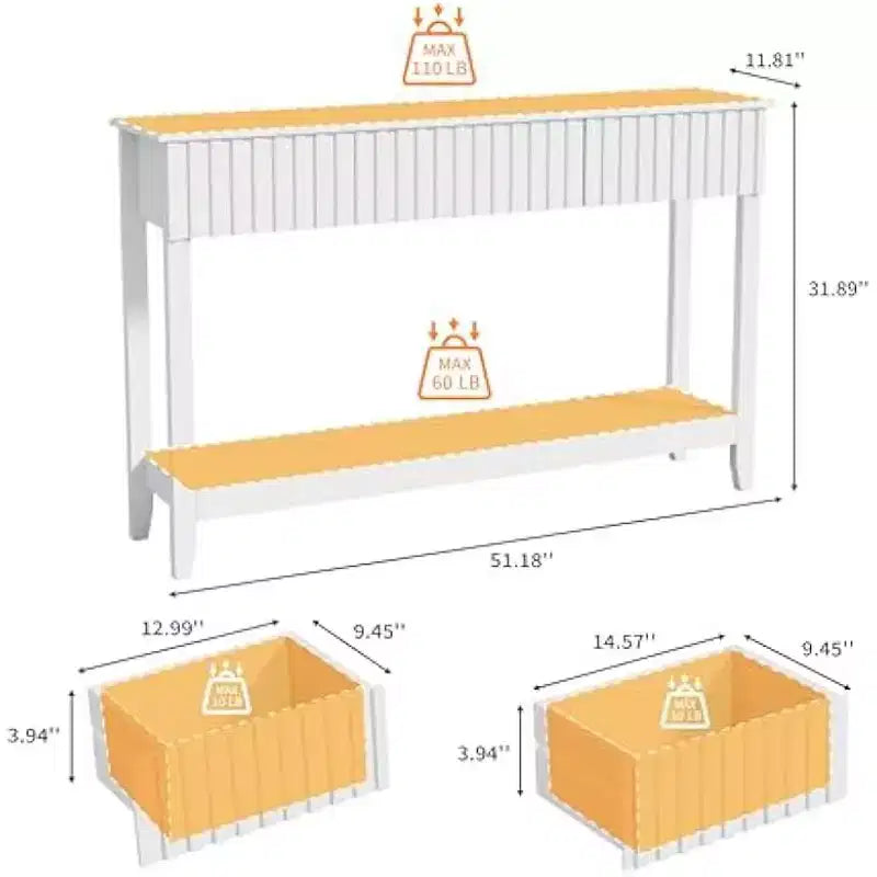 VINGLI Table d'entrée ondulée avec tiroirs, Table console de 130 cm avec étagère de rangement, Table d'appoint étroite, Table d'entrée pour salon, couloir, Blanc