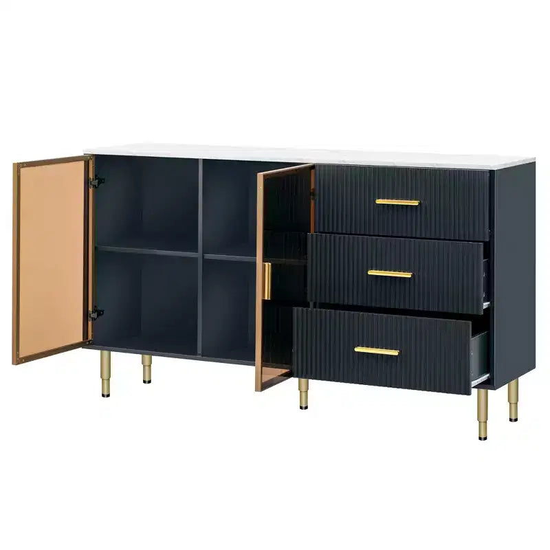 Buffet moderne en MDF avec plateau en marbre autocollant, portes en verre trempé ambre-jaune, pieds et poignées en métal doré, bleu marine