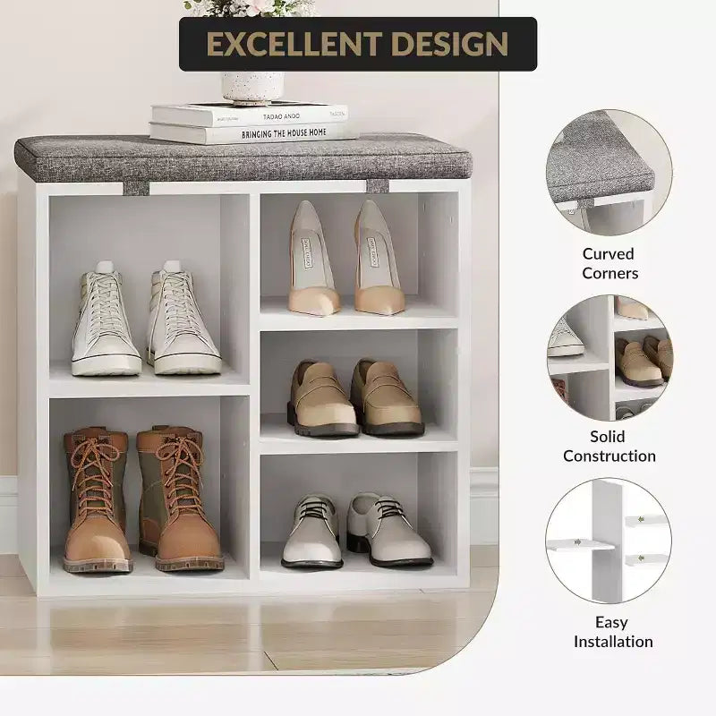 Banc à chaussures avec siège rembourré, banc de rangement à chaussures avec étagères réglables et poches latérales, organisateur de rangement à 5 casiers pour entrée, porche, buanderie