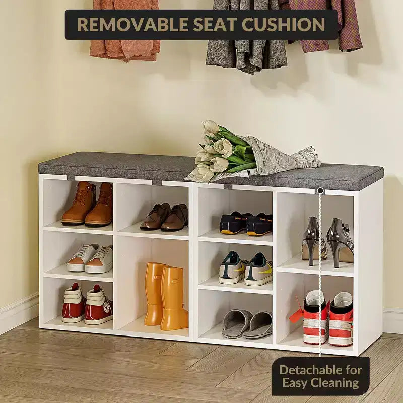 Banc à chaussures avec siège rembourré, banc de rangement à chaussures avec étagères réglables et poches latérales, organisateur de rangement à 5 casiers pour entrée, porche, buanderie