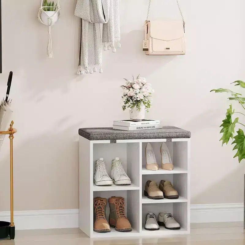 Banc à chaussures avec siège rembourré, banc de rangement à chaussures avec étagères réglables et poches latérales, organisateur de rangement à 5 casiers pour entrée, porche, buanderie