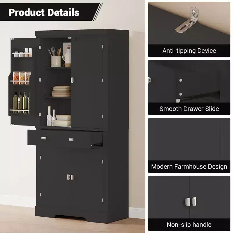 Meuble de rangement haut de cuisine de 71,7 po, buffet de rangement autoportant avec étagères réglables, vaisselier en bois