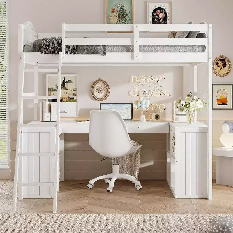 Lit mezzanine double Whisen Modern Design en bois avec tiroirs, armoire, étagères et bureau - Blanc