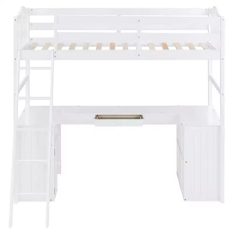 Lit mezzanine double Whisen Modern Design en bois avec tiroirs, armoire, étagères et bureau - Blanc