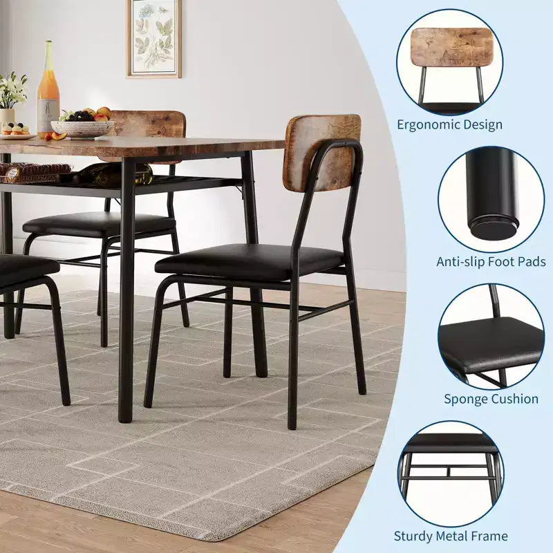 Ensemble table et chaises moderne pour 4, table de cuisine 5 pièces avec cadre en métal, 4 chaises rembourrées et étagère de rangement pour petits espaces, appartement