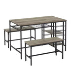 Ensemble table et chaises de salle à manger CuisinSmart pour 4 personnes, table de cuisine avec 2 bancs, ensemble de salle à manger avec porte-bouteilles, marron, noir, gris