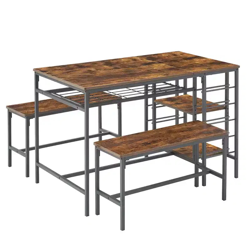 Ensemble table et chaises de salle à manger CuisinSmart pour 4 personnes, table de cuisine avec 2 bancs, ensemble de salle à manger avec porte-bouteilles, marron, noir, gris