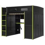 Lit mezzanine double Merax avec bureau, armoire, lumières LED RVB et port de chargement USB - Cadre noir élégant avec de multiples espaces de rangement pour les amateurs de jeux