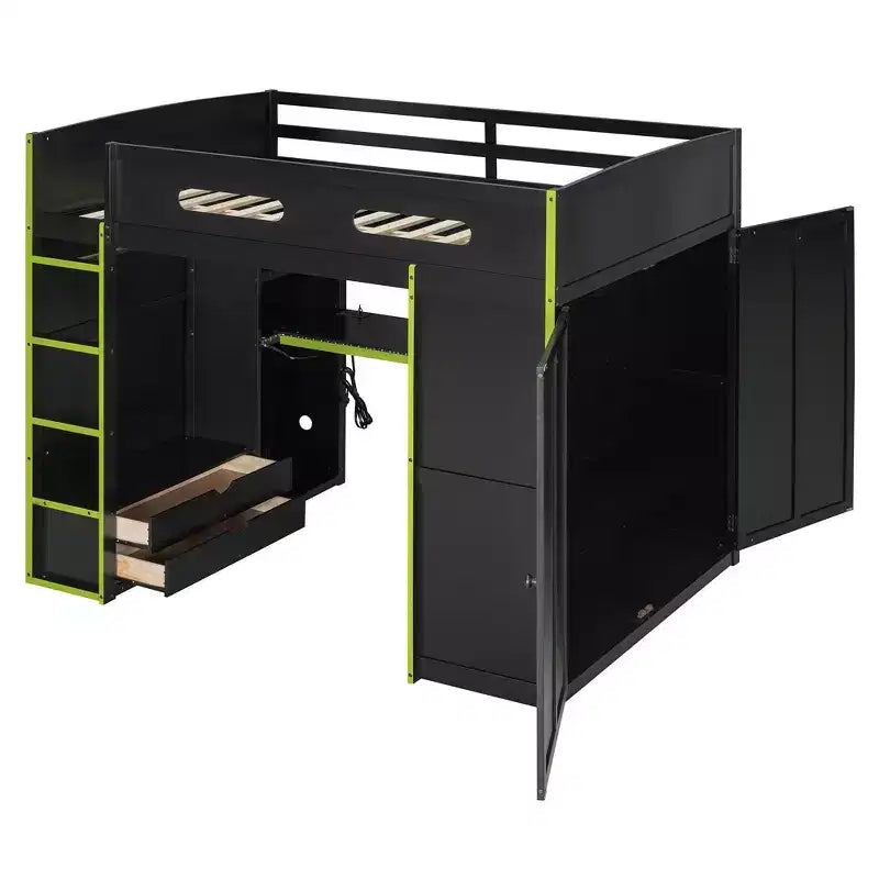 Lit mezzanine double Merax avec bureau, armoire, lumières LED RVB et port de chargement USB - Cadre noir élégant avec de multiples espaces de rangement pour les amateurs de jeux