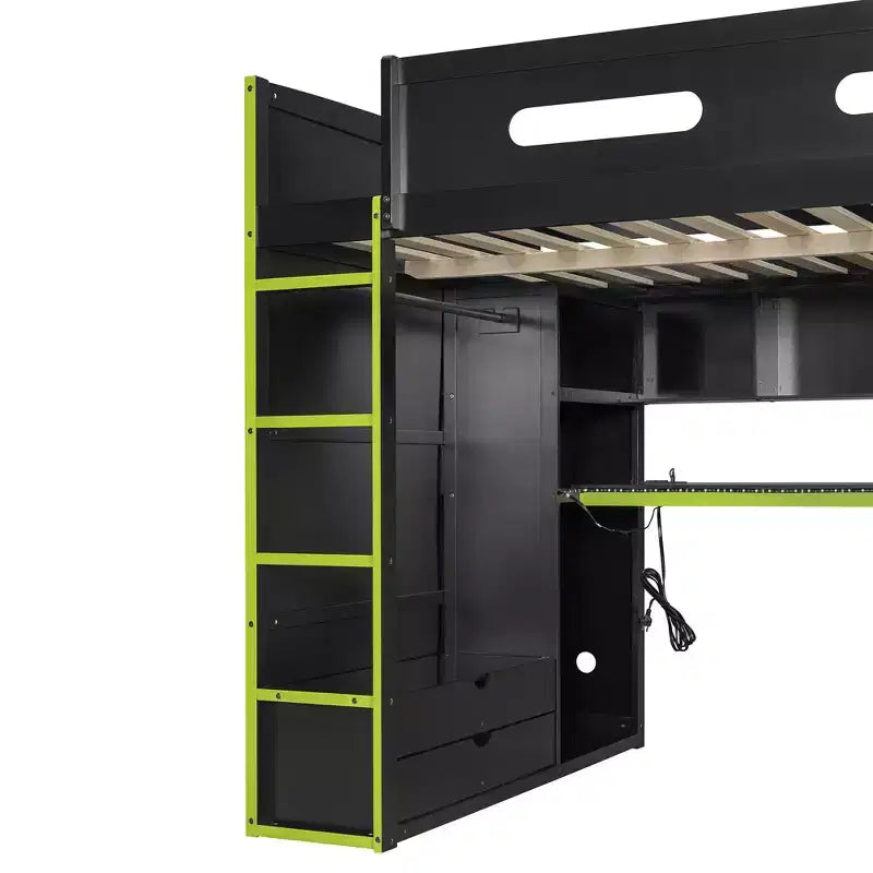 Lit mezzanine double Merax avec bureau, armoire, lumières LED RVB et port de chargement USB - Cadre noir élégant avec de multiples espaces de rangement pour les amateurs de jeux