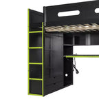 Lit mezzanine double Merax avec bureau, armoire, lumières LED RVB et port de chargement USB - Cadre noir élégant avec de multiples espaces de rangement pour les amateurs de jeux