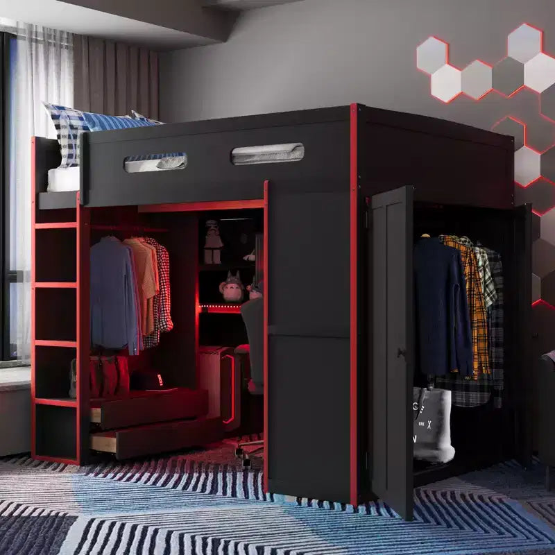 Lit mezzanine double Merax avec bureau, armoire, lumières LED RVB et port de chargement USB - Cadre noir élégant avec de multiples espaces de rangement pour les amateurs de jeux