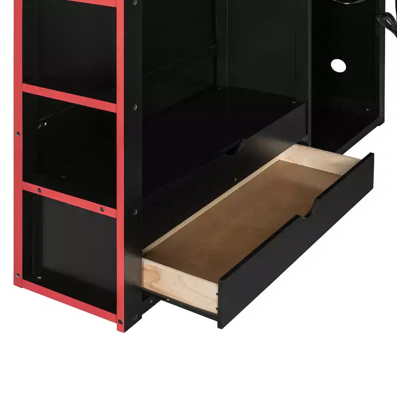 Lit mezzanine double Merax avec bureau, armoire, lumières LED RVB et port de chargement USB - Cadre noir élégant avec de multiples espaces de rangement pour les amateurs de jeux