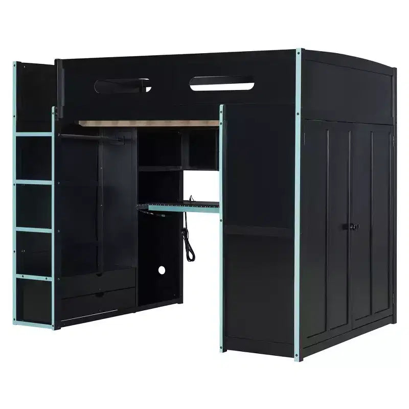 Lit mezzanine double Merax avec bureau, armoire, lumières LED RVB et port de chargement USB - Cadre noir élégant avec de multiples espaces de rangement pour les amateurs de jeux