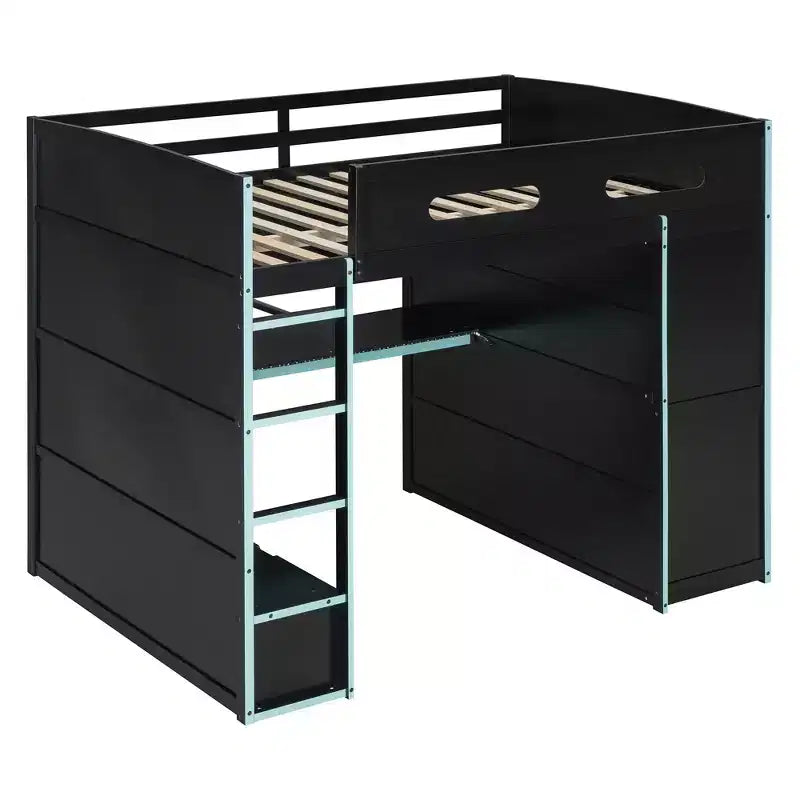 Lit mezzanine double Merax avec bureau, armoire, lumières LED RVB et port de chargement USB - Cadre noir élégant avec de multiples espaces de rangement pour les amateurs de jeux