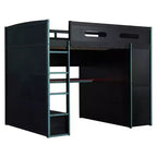 Lit mezzanine double Merax avec bureau, armoire, lumières LED RVB et port de chargement USB - Cadre noir élégant avec de multiples espaces de rangement pour les amateurs de jeux