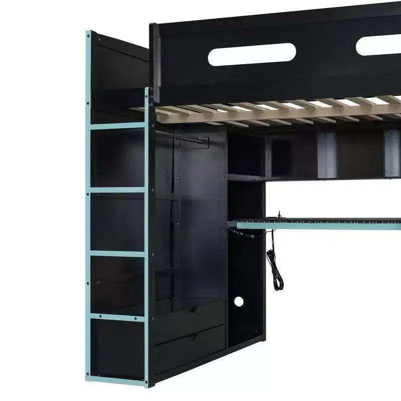 Lit mezzanine double Merax avec bureau, armoire, lumières LED RVB et port de chargement USB - Cadre noir élégant avec de multiples espaces de rangement pour les amateurs de jeux