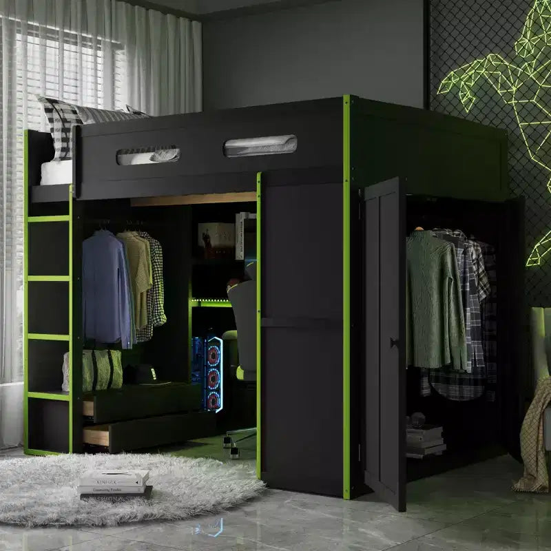 Lit mezzanine double Merax avec bureau, armoire, lumières LED RVB et port de chargement USB - Cadre noir élégant avec de multiples espaces de rangement pour les amateurs de jeux