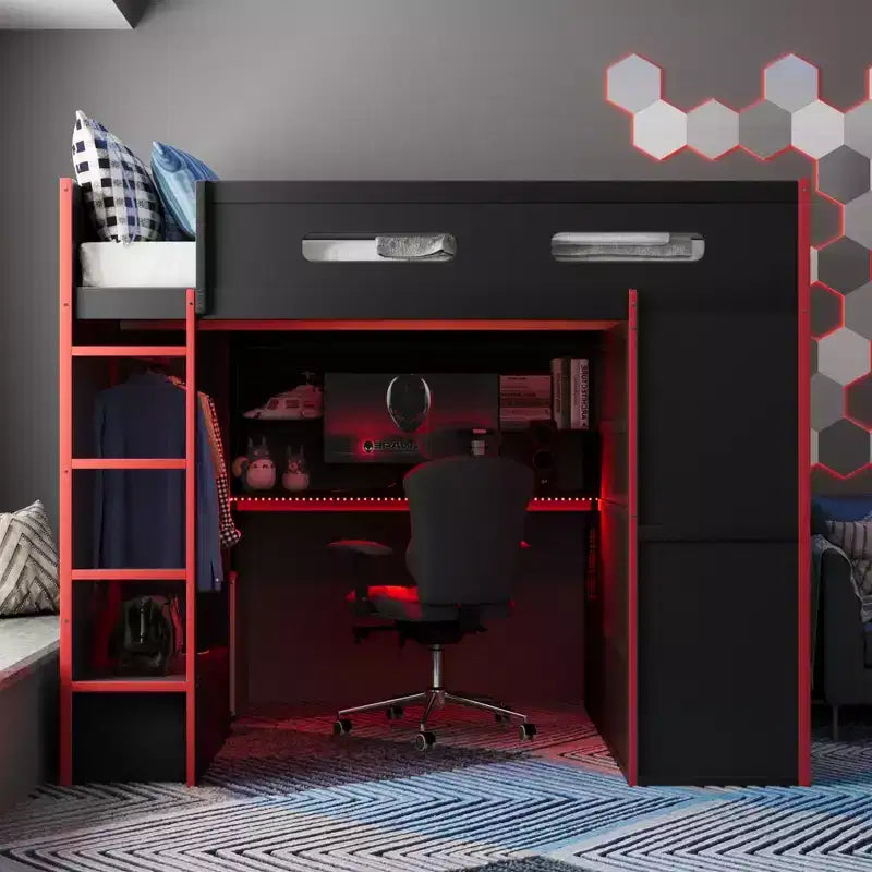Lit mezzanine double Merax avec bureau, armoire, lumières LED RVB et port de chargement USB - Cadre noir élégant avec de multiples espaces de rangement pour les amateurs de jeux