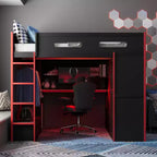 Lit mezzanine double Merax avec bureau, armoire, lumières LED RVB et port de chargement USB - Cadre noir élégant avec de multiples espaces de rangement pour les amateurs de jeux