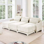 3-Seater Chenille Fabric Beige Sofa with 3 Movable Ottomans and Lumbar Pillow High Quality Wooden Base High Resilience Sponge
