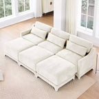 Canapé 3 places en tissu chenille beige avec 3 poufs mobiles et un coussin lombaire, base en bois de haute qualité, éponge haute résilience