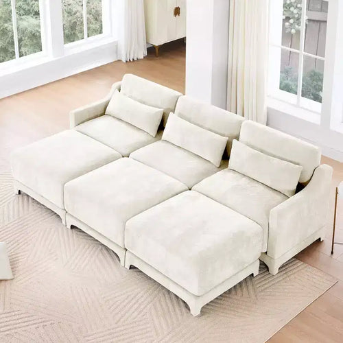 Canapé 3 places en tissu chenille beige avec 3 poufs mobiles et un coussin lombaire, base en bois de haute qualité, éponge haute résilience