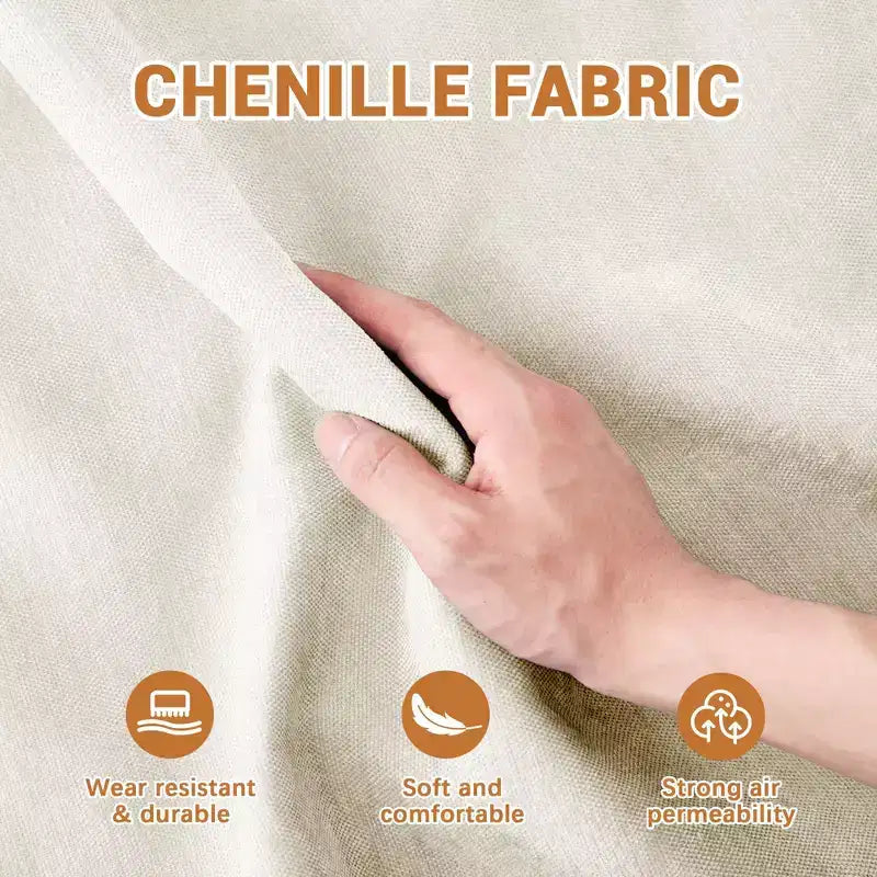 Canapé 3 places en tissu chenille beige avec 3 poufs mobiles et un coussin lombaire, base en bois de haute qualité, éponge haute résilience
