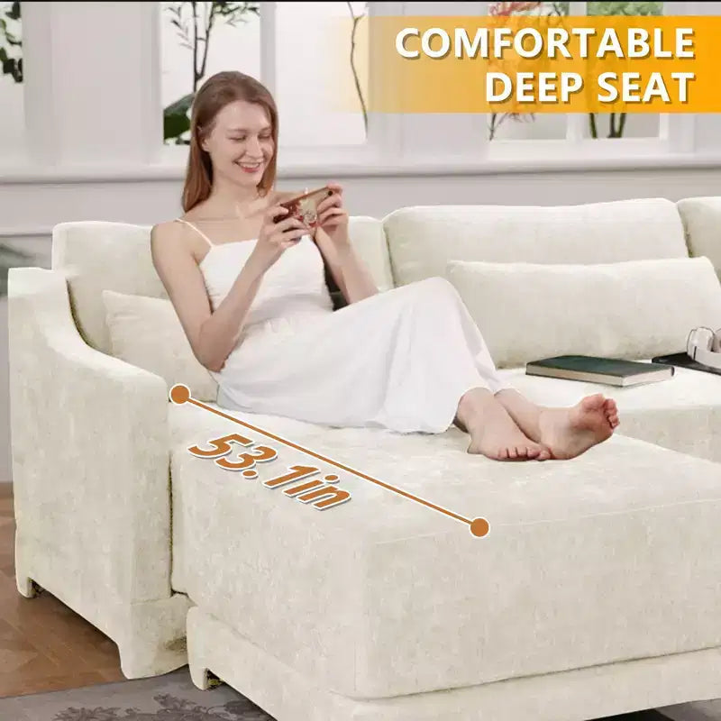 Canapé 3 places en tissu chenille beige avec 3 poufs mobiles et un coussin lombaire, base en bois de haute qualité, éponge haute résilience