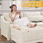 Canapé 3 places en tissu chenille beige avec 3 poufs mobiles et un coussin lombaire, base en bois de haute qualité, éponge haute résilience