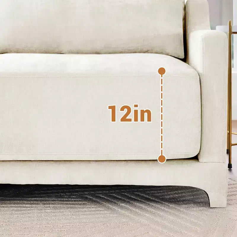 Canapé 3 places en tissu chenille beige avec 3 poufs mobiles et un coussin lombaire, base en bois de haute qualité, éponge haute résilience