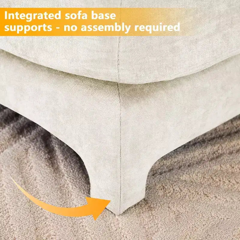 Canapé 3 places en tissu chenille beige avec 3 poufs mobiles et un coussin lombaire, base en bois de haute qualité, éponge haute résilience