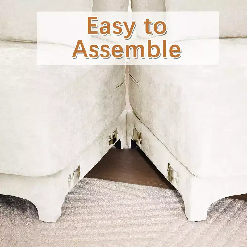 Canapé 3 places en tissu chenille beige avec 3 poufs mobiles et un coussin lombaire, base en bois de haute qualité, éponge haute résilience