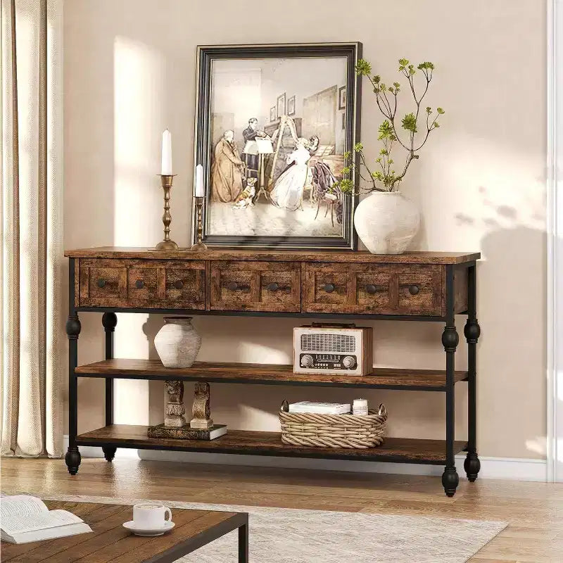 Console, table d'entrée avec 3 tiroirs, table de canapé en métal à 3 niveaux, étagère ouverte derrière la table de canapé de couloir