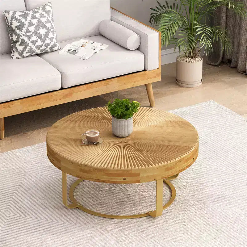 Table basse ronde, table d'appoint moderne en bois, table basse motif de sculpture style ferme avec pieds en métal pour salon, bureau, appartement