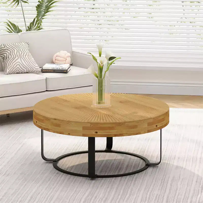 Table basse ronde, table d'appoint moderne en bois, table basse motif de sculpture style ferme avec pieds en métal pour salon, bureau, appartement
