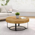 Table basse ronde, table d'appoint moderne en bois, table basse motif de sculpture style ferme avec pieds en métal pour salon, bureau, appartement