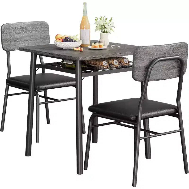 Ensemble de salle à manger 3 pièces pour 2 personnes, table de cuisine en bois avec étagère de rangement, 2 chaises rembourrées, ensemble de salle à manger pour petit espace, appartement