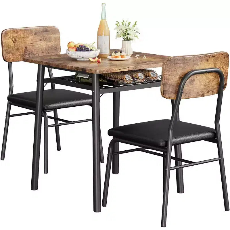 Ensemble de salle à manger 3 pièces pour 2 personnes, table de cuisine en bois avec étagère de rangement, 2 chaises rembourrées, ensemble de salle à manger pour petit espace, appartement